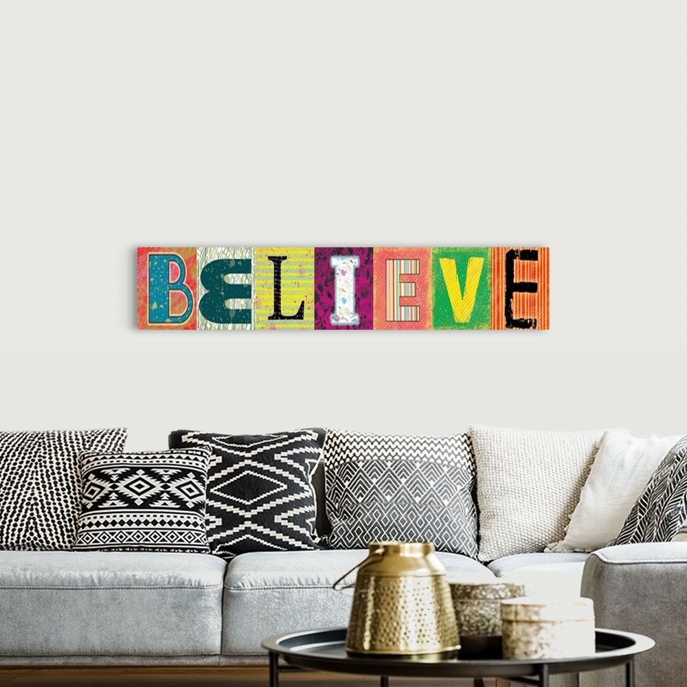 A bohemian room featuring Believe, letters