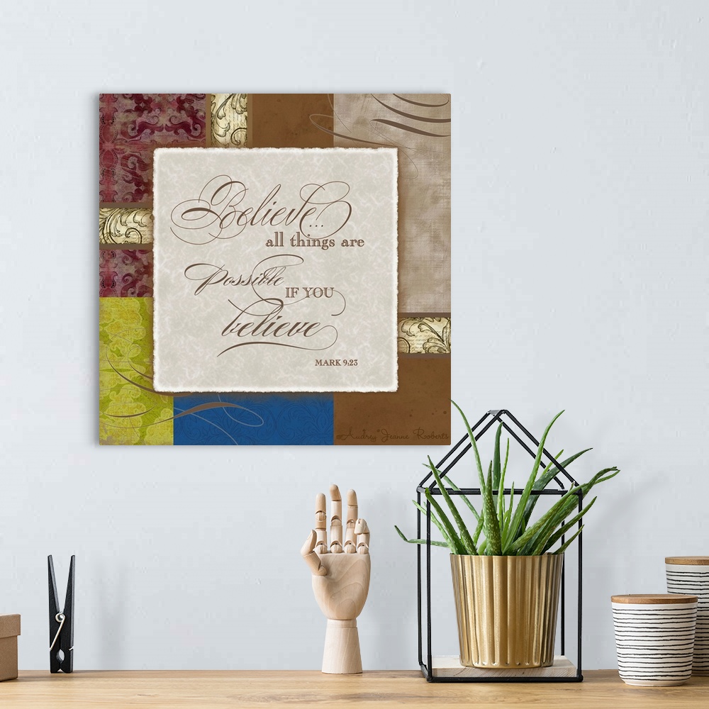 A bohemian room featuring Inspirational artwork of a bible verse in the middle of the print and different textured artwork ...