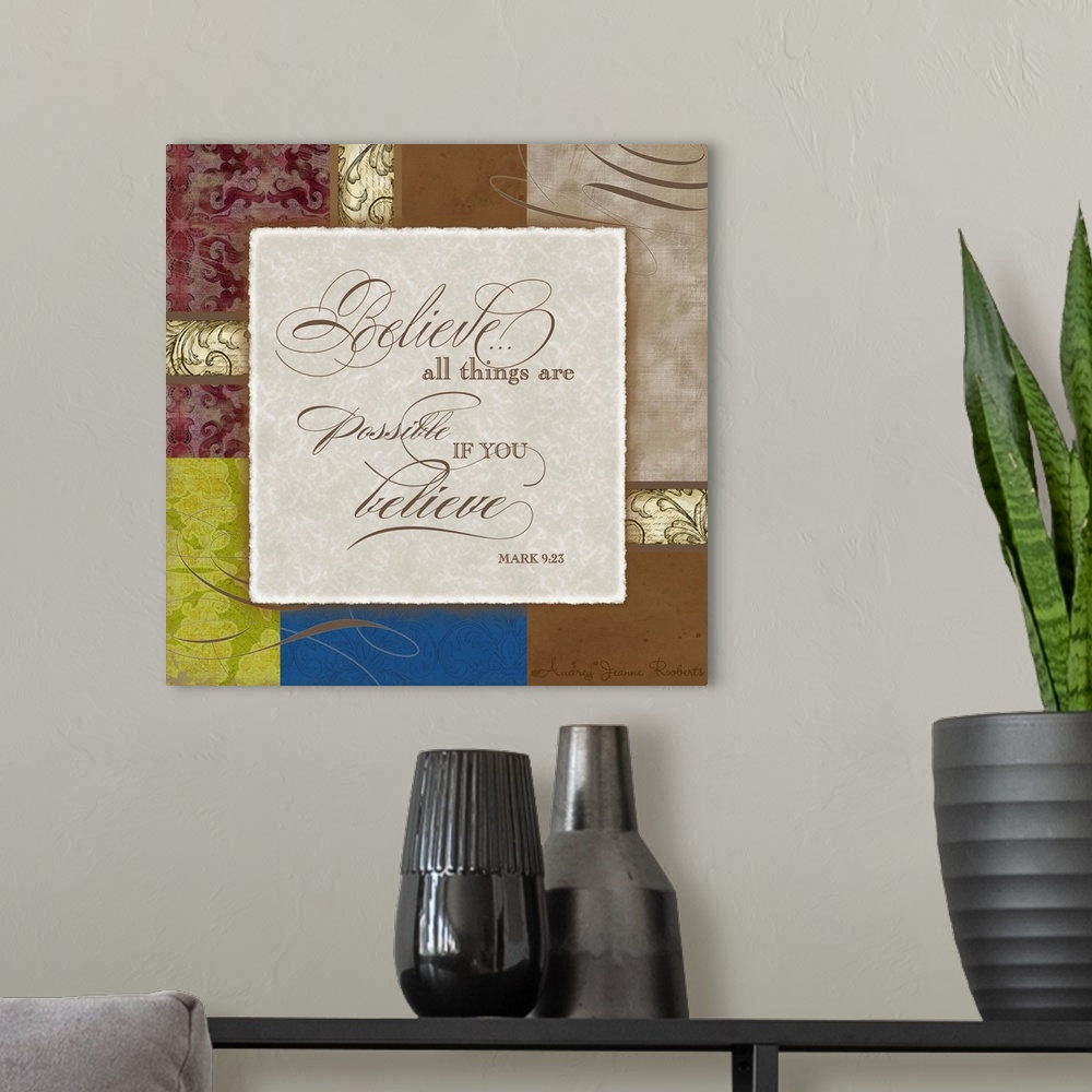 A modern room featuring Inspirational artwork of a bible verse in the middle of the print and different textured artwork ...