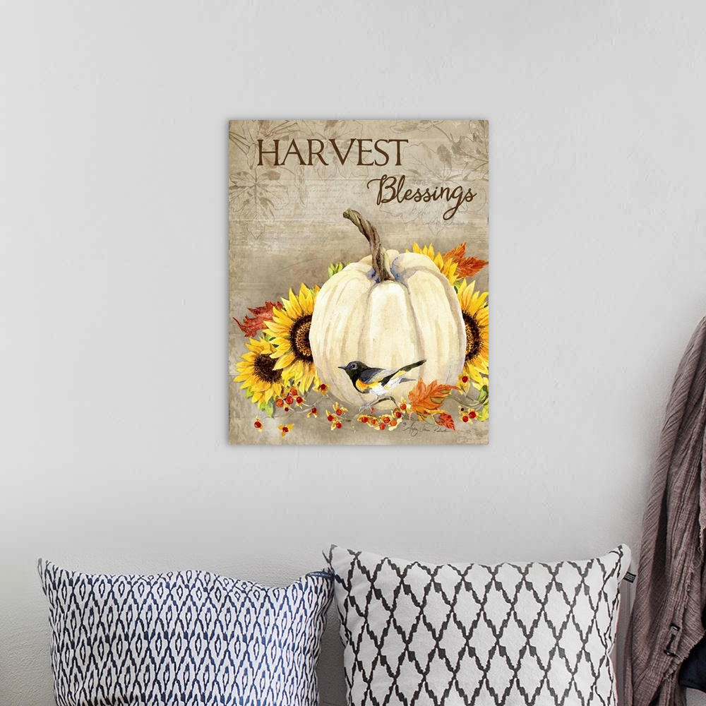 A bohemian room featuring Thanksgiving decor of a white pumpkin and sunflowers with a small bird.