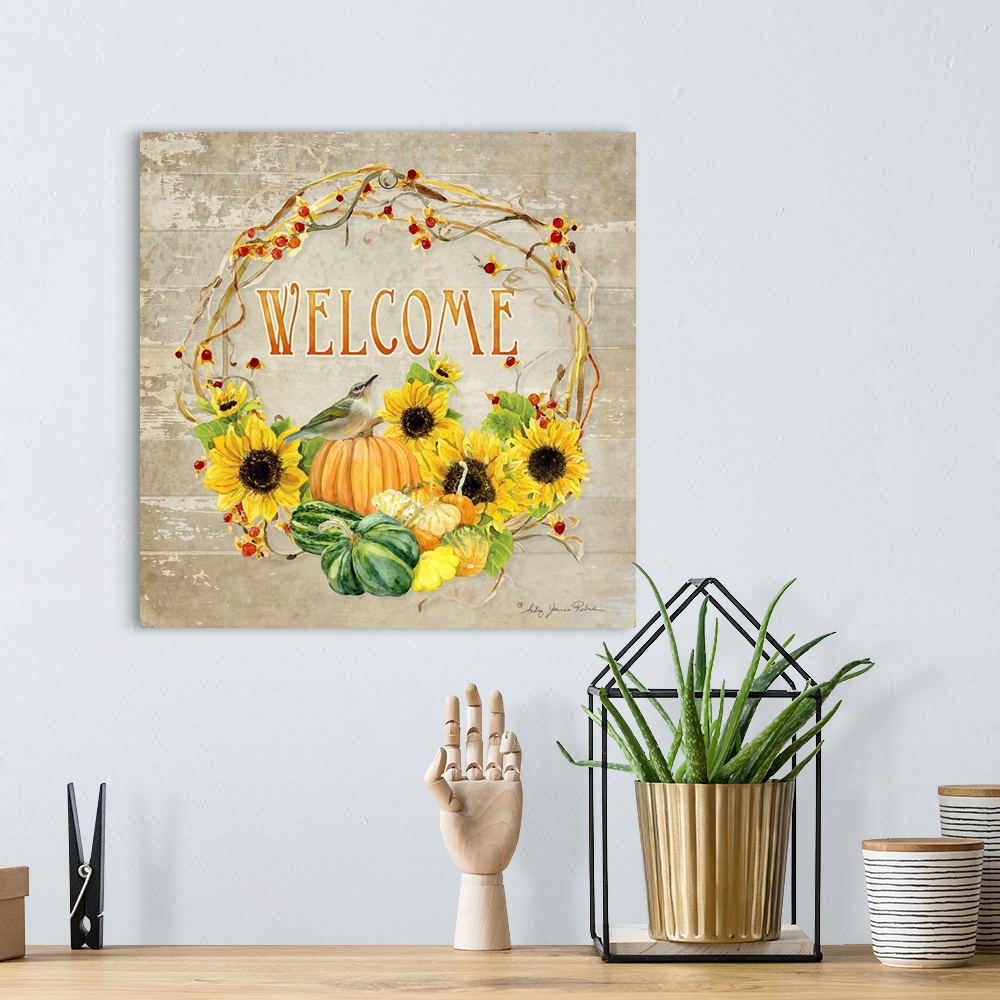A bohemian room featuring Thanksgiving themed decor of a wreath with sunflowers, squash, and pumpkins.