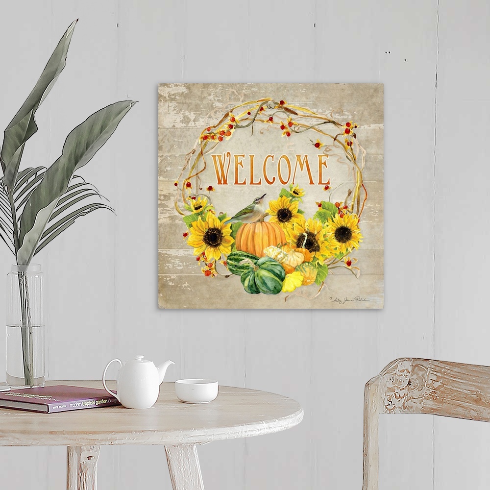 A farmhouse room featuring Thanksgiving themed decor of a wreath with sunflowers, squash, and pumpkins.