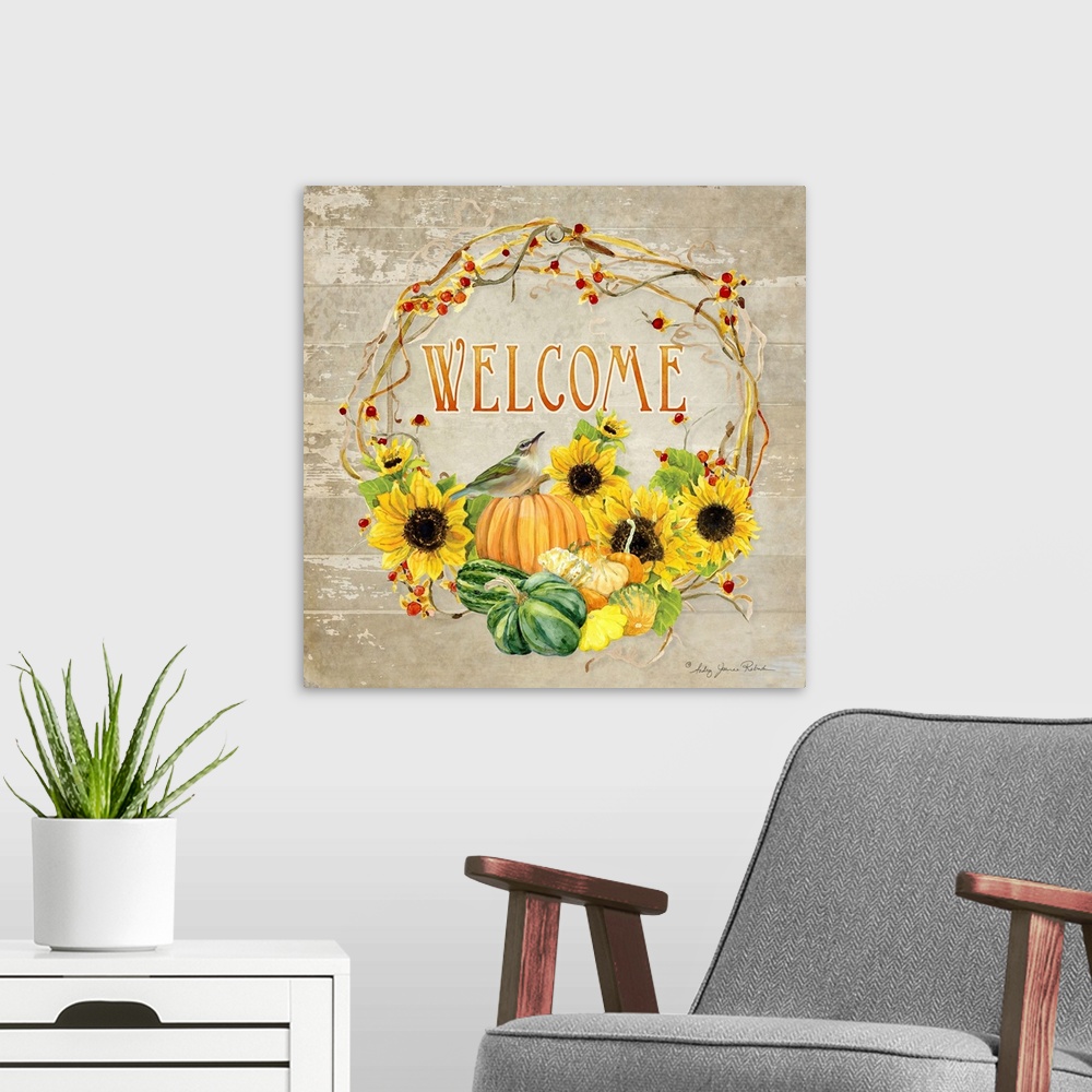 A modern room featuring Thanksgiving themed decor of a wreath with sunflowers, squash, and pumpkins.