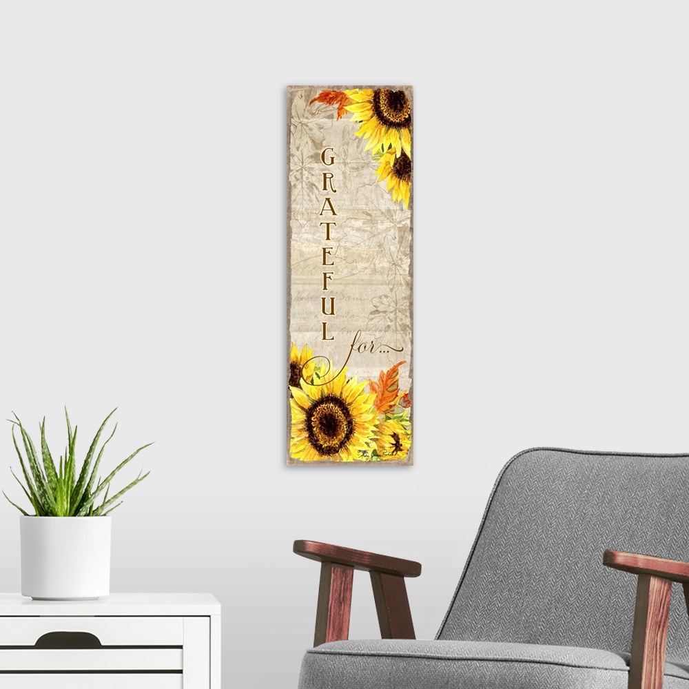 A modern room featuring Thanksgiving themed decor with a sunflower design.