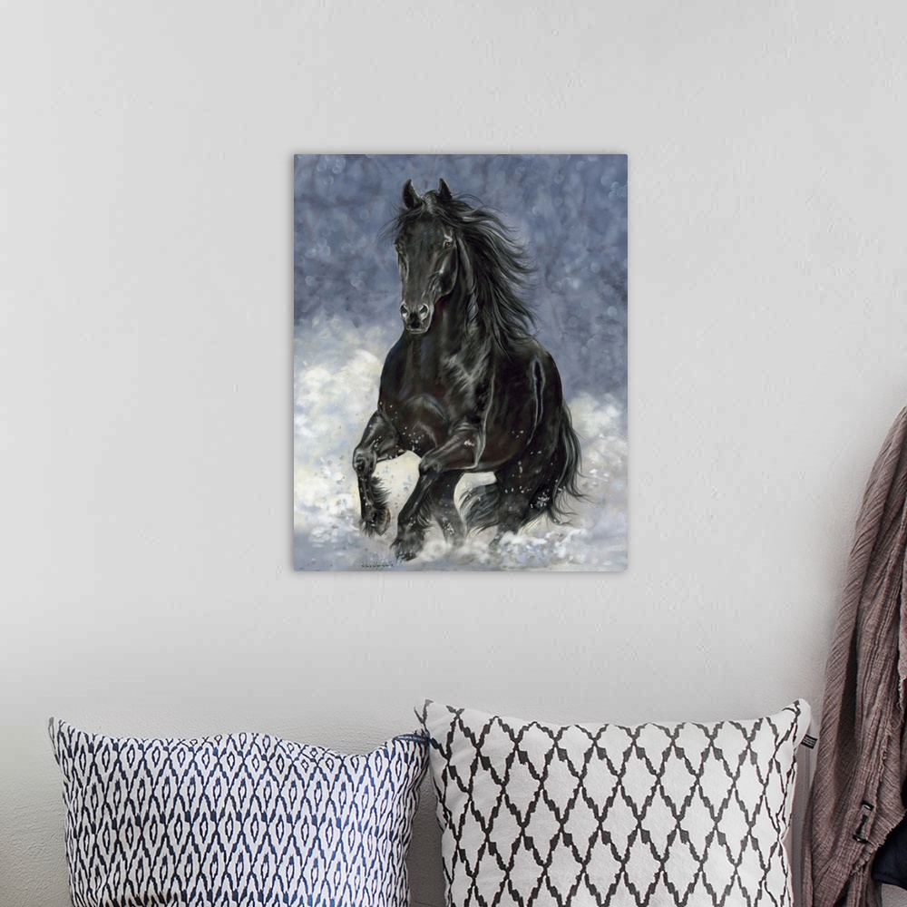 A bohemian room featuring A large black horse galloping through the snow.