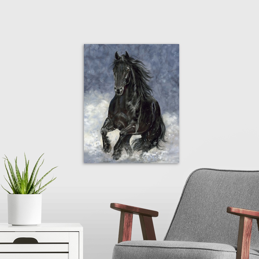 A modern room featuring A large black horse galloping through the snow.