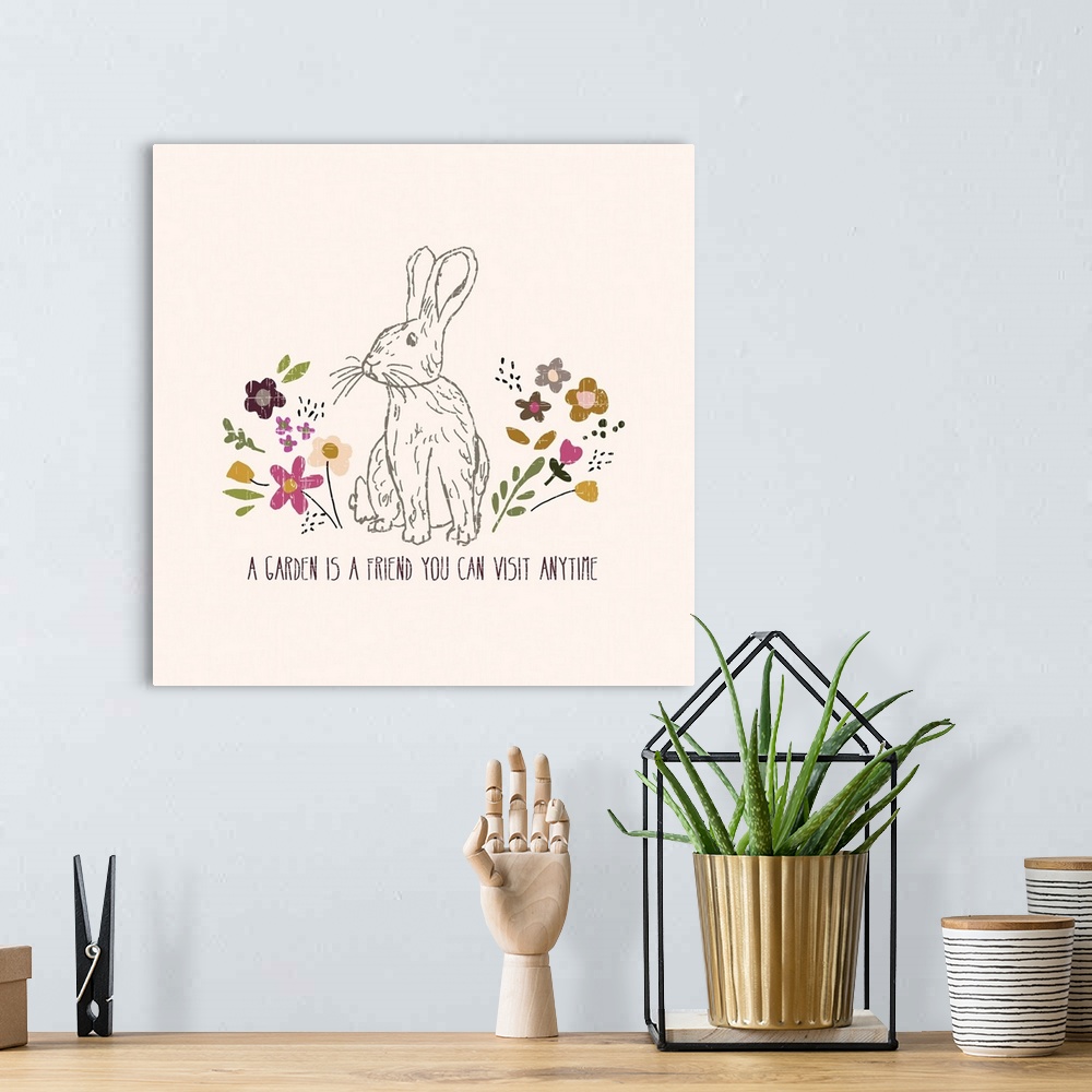 A bohemian room featuring "A garden is a friend you can visit anytime" with a rabbit surrounded by flowers.