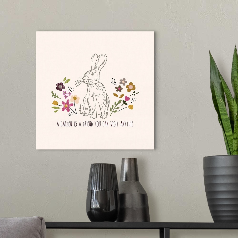 A modern room featuring "A garden is a friend you can visit anytime" with a rabbit surrounded by flowers.
