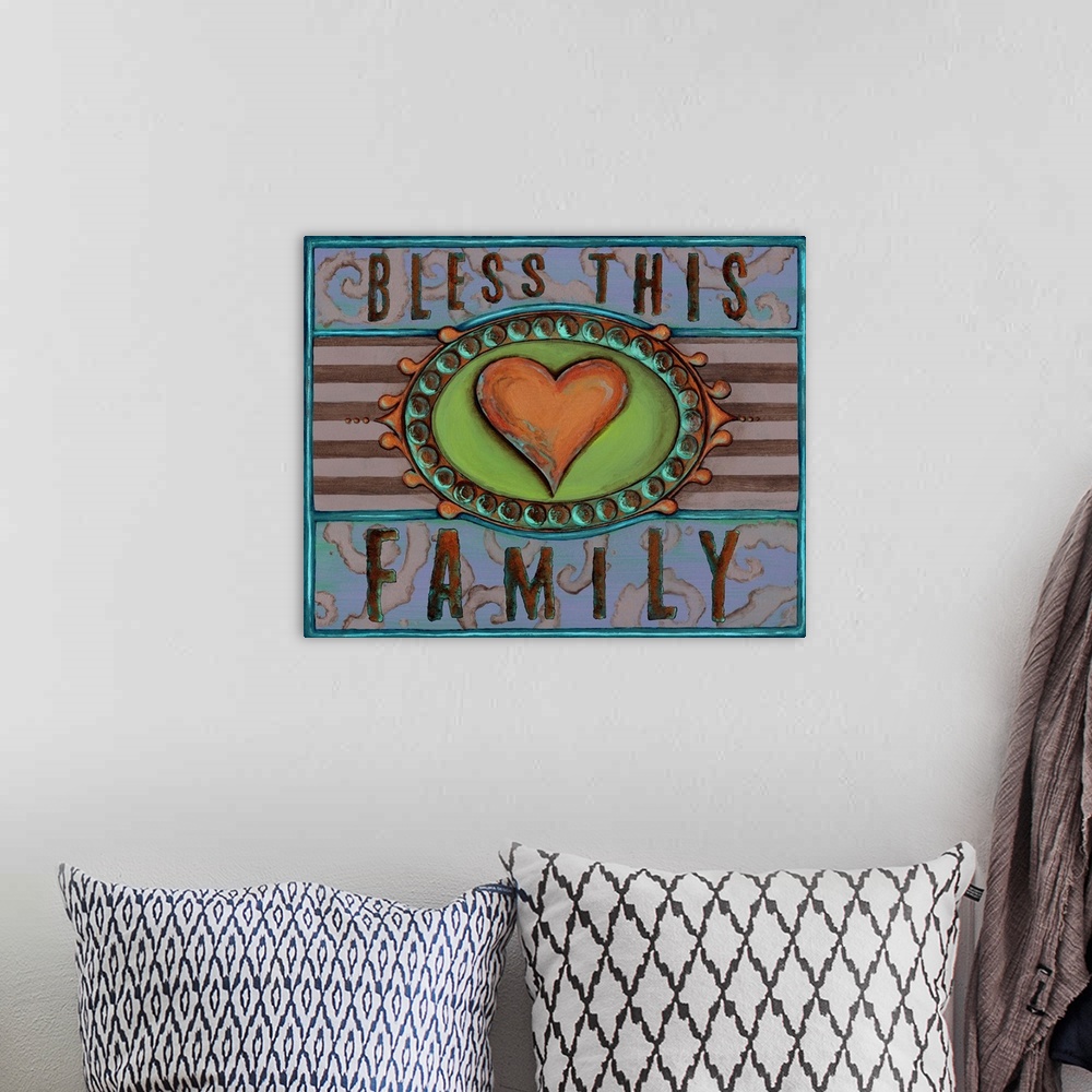A bohemian room featuring Contemporary colorful sentiment typography artwork.