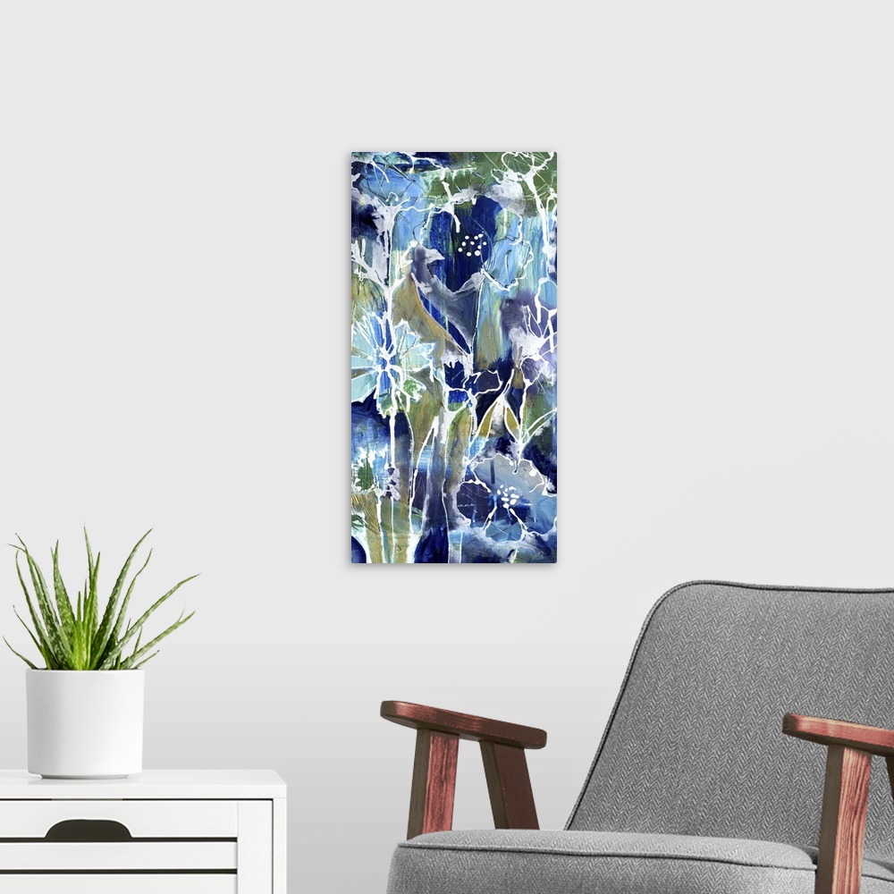 A modern room featuring Contemporary painting using bright colors and floral elements.