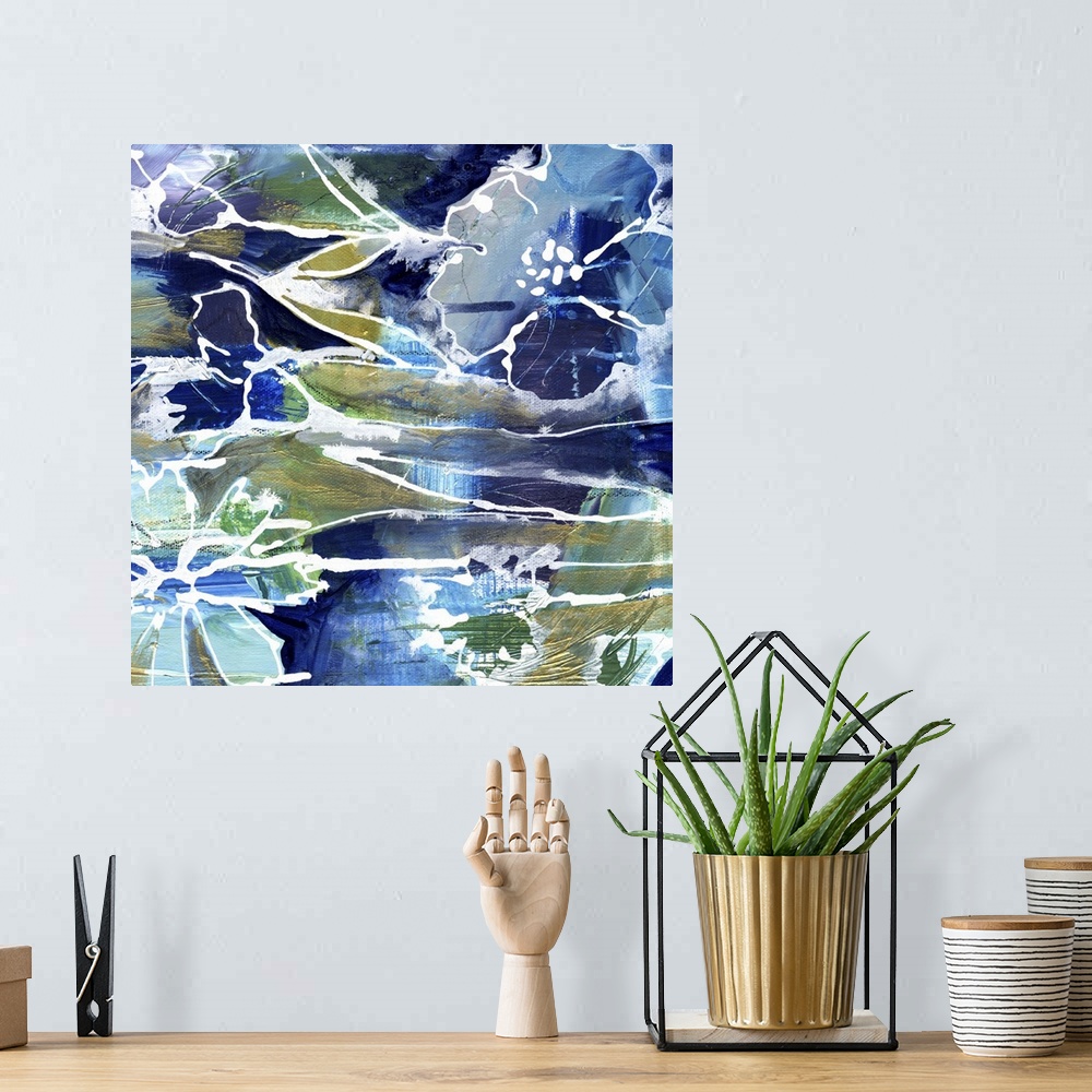 A bohemian room featuring Contemporary vibrant colorful painting using green and blue tones with flowers and abstract eleme...