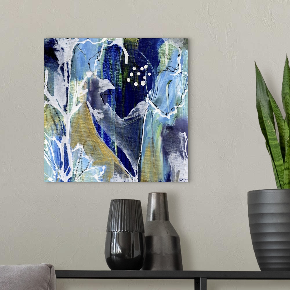 A modern room featuring Contemporary vibrant colorful painting using green and blue tones with flowers and abstract eleme...