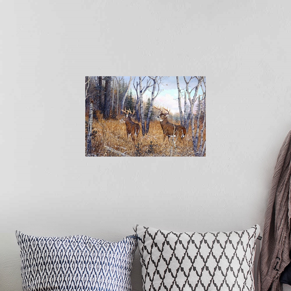 A bohemian room featuring Artwork of two deer in the woods.