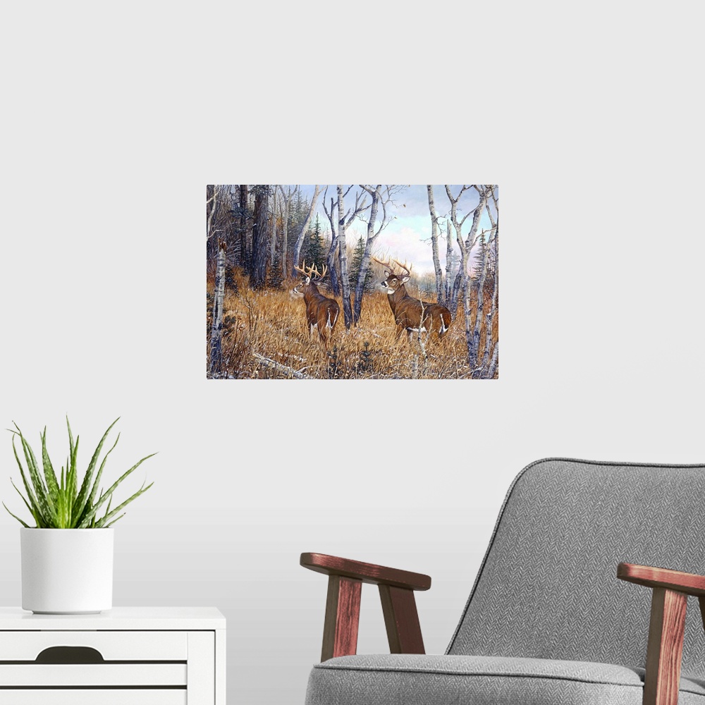 A modern room featuring Artwork of two deer in the woods.