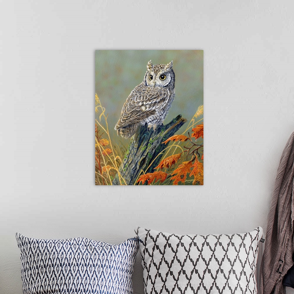 A bohemian room featuring Contemporary artwork of a small screech owl perched on a branch, with fall leaves.