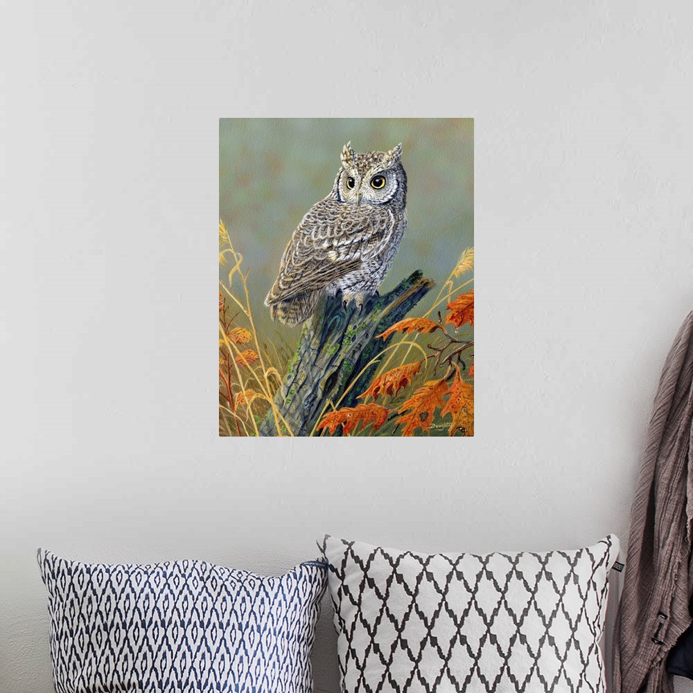 A bohemian room featuring Contemporary artwork of a small screech owl perched on a branch, with fall leaves.