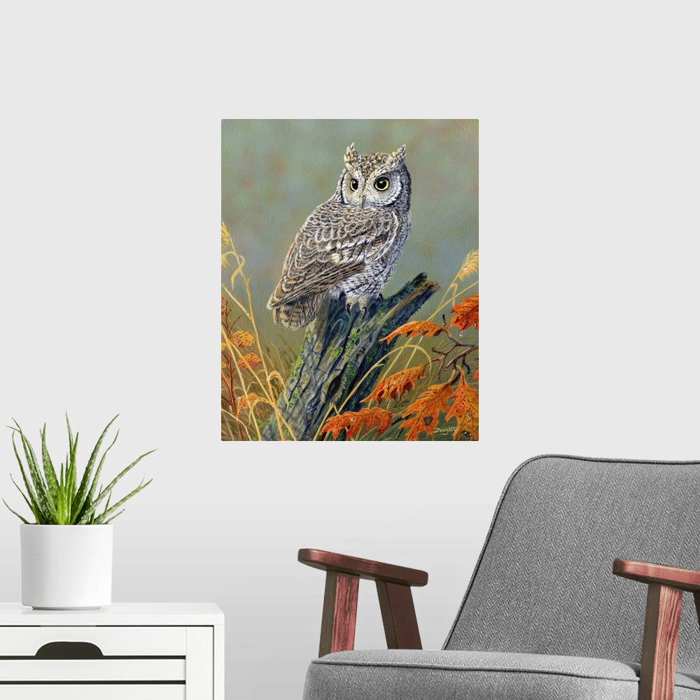 A modern room featuring Contemporary artwork of a small screech owl perched on a branch, with fall leaves.