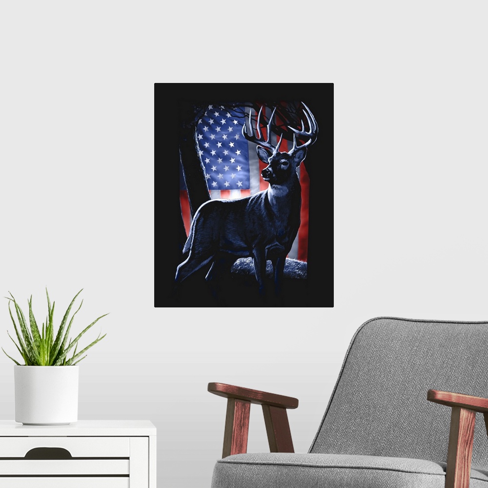 A modern room featuring Buck flag background