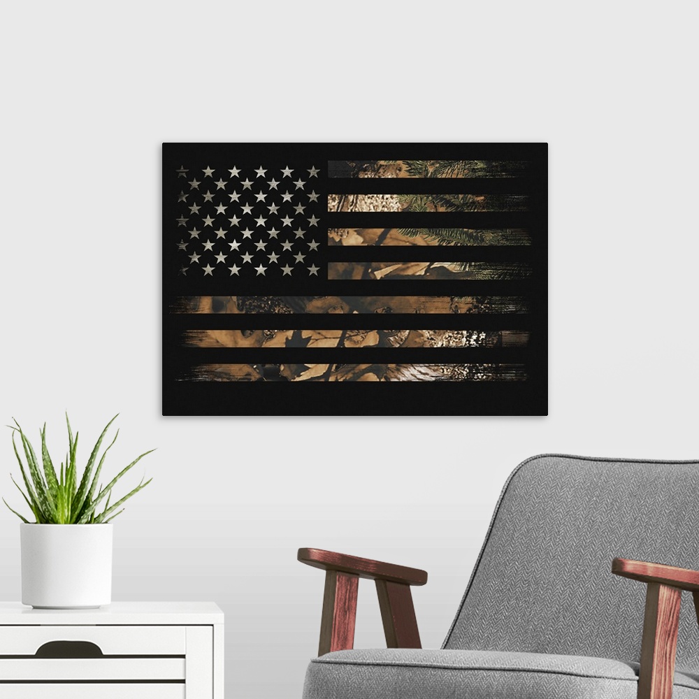 A modern room featuring An American flag with stars and stripes in leaf camouflage.