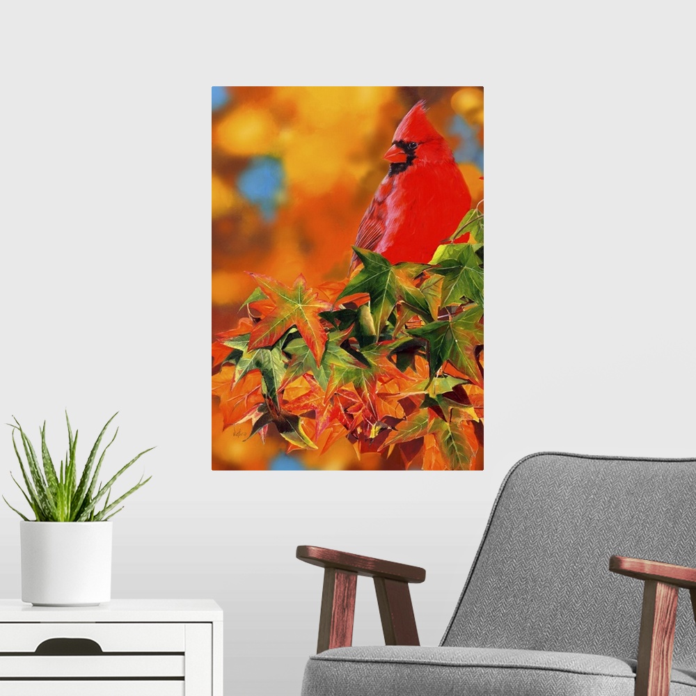 A modern room featuring A bright red cardinal sitting on a maple tree branch.