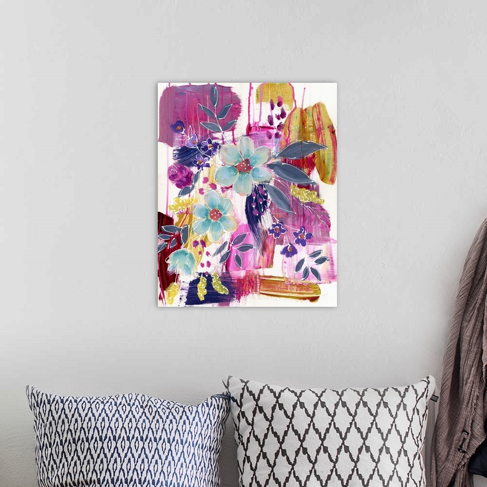 A bohemian room featuring Contemporary vibrant colorful painting using purple and pink tones with flowers and abstract elem...
