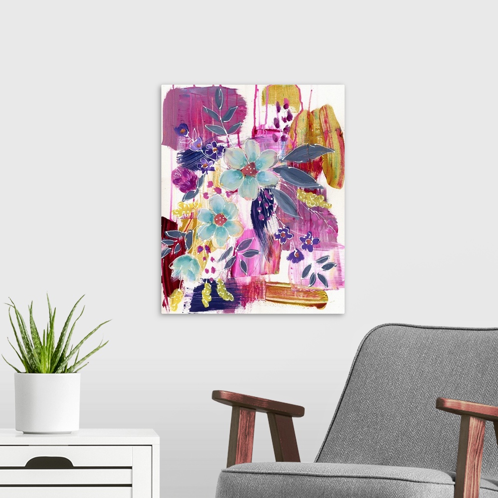 A modern room featuring Contemporary vibrant colorful painting using purple and pink tones with flowers and abstract elem...