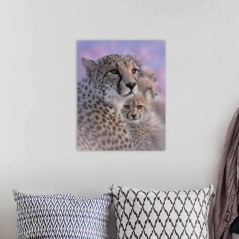 A bohemian room featuring Cheetah Mother and Cubs - Mother's Love