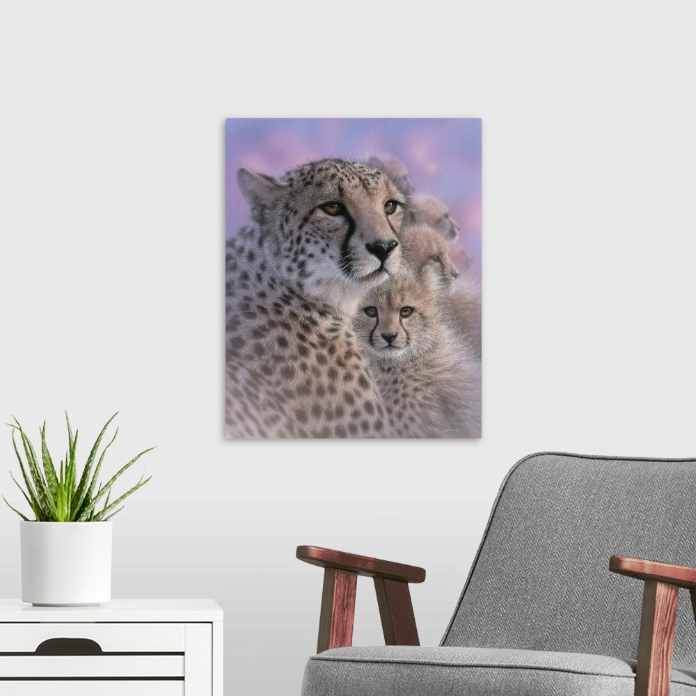 A modern room featuring Cheetah Mother and Cubs - Mother's Love