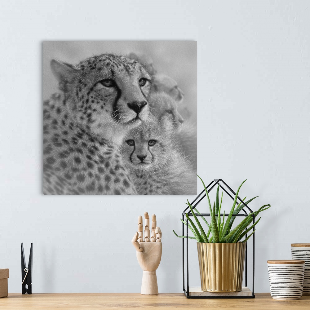 A bohemian room featuring Cheetah Mother and Cubs - Mother's Love - Square