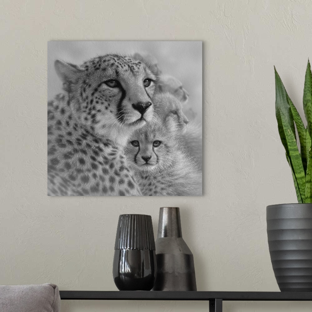 A modern room featuring Cheetah Mother and Cubs - Mother's Love - Square