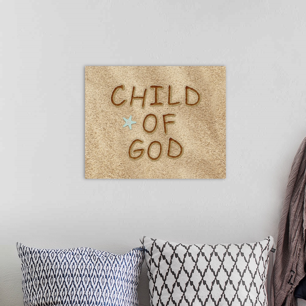 A bohemian room featuring "Child of God" is drawn in the sand in this digital artwork.