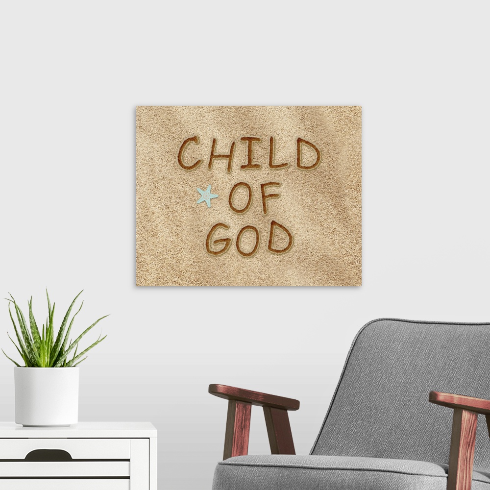 A modern room featuring "Child of God" is drawn in the sand in this digital artwork.