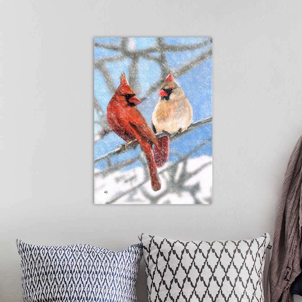 A bohemian room featuring Illustration of a cardinal couple sitting on a branch in the winter.
