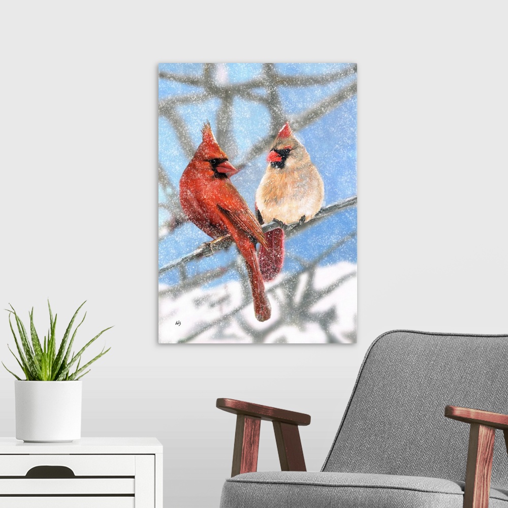 A modern room featuring Illustration of a cardinal couple sitting on a branch in the winter.