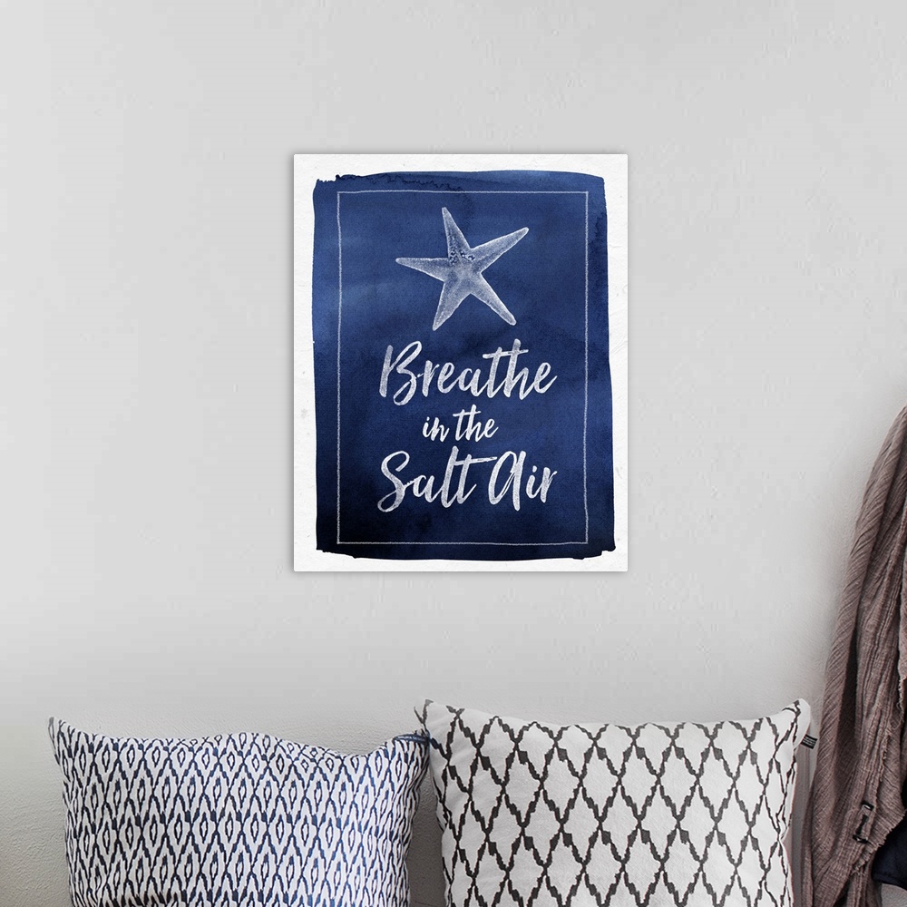 A bohemian room featuring "Breathe In the Salt Air" with a starfish on blue watercolor background.