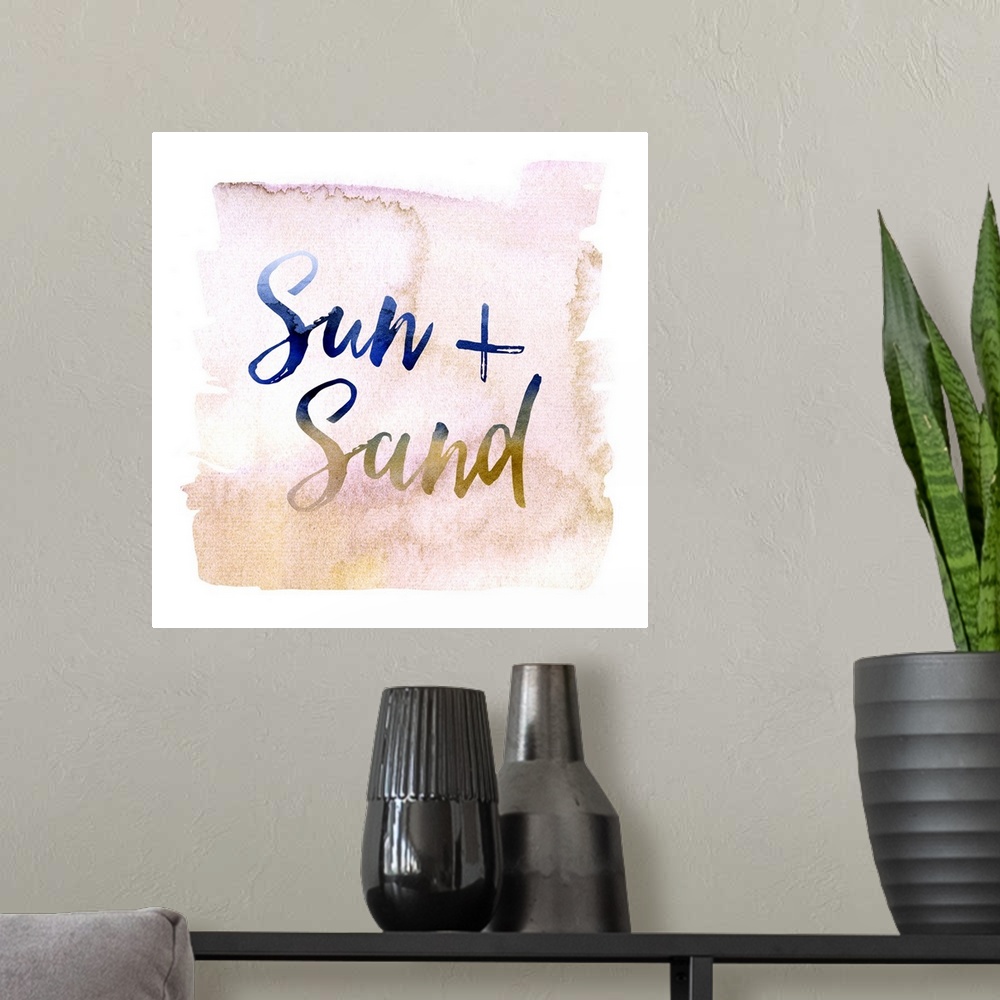A modern room featuring "Sun   Sand" with a pink watercolor blush stroke background.