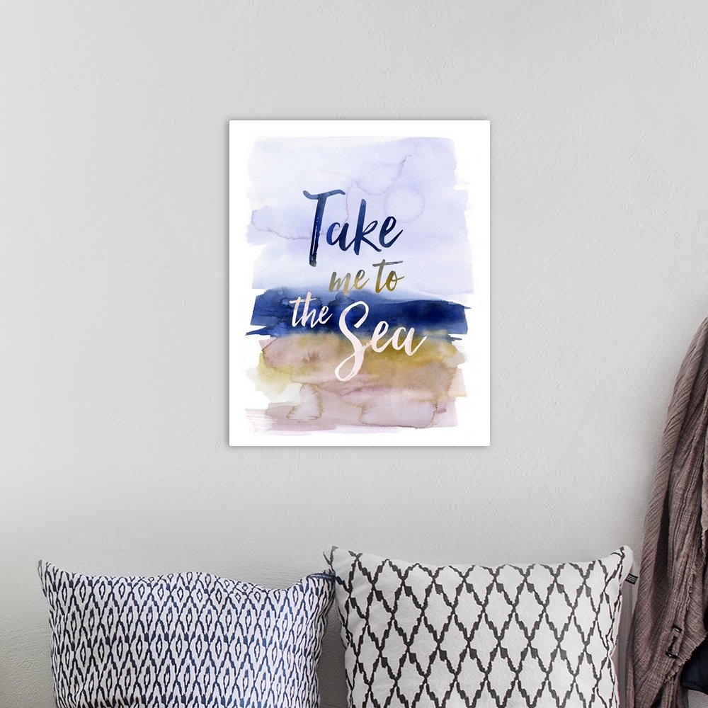 A bohemian room featuring "Take Me To The Sea" with a watercolor background.