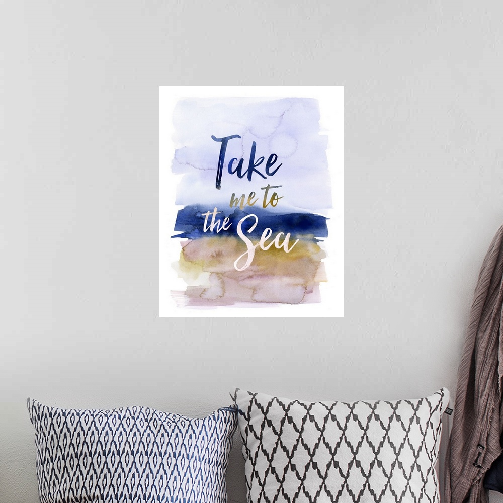 A bohemian room featuring "Take Me To The Sea" with a watercolor background.