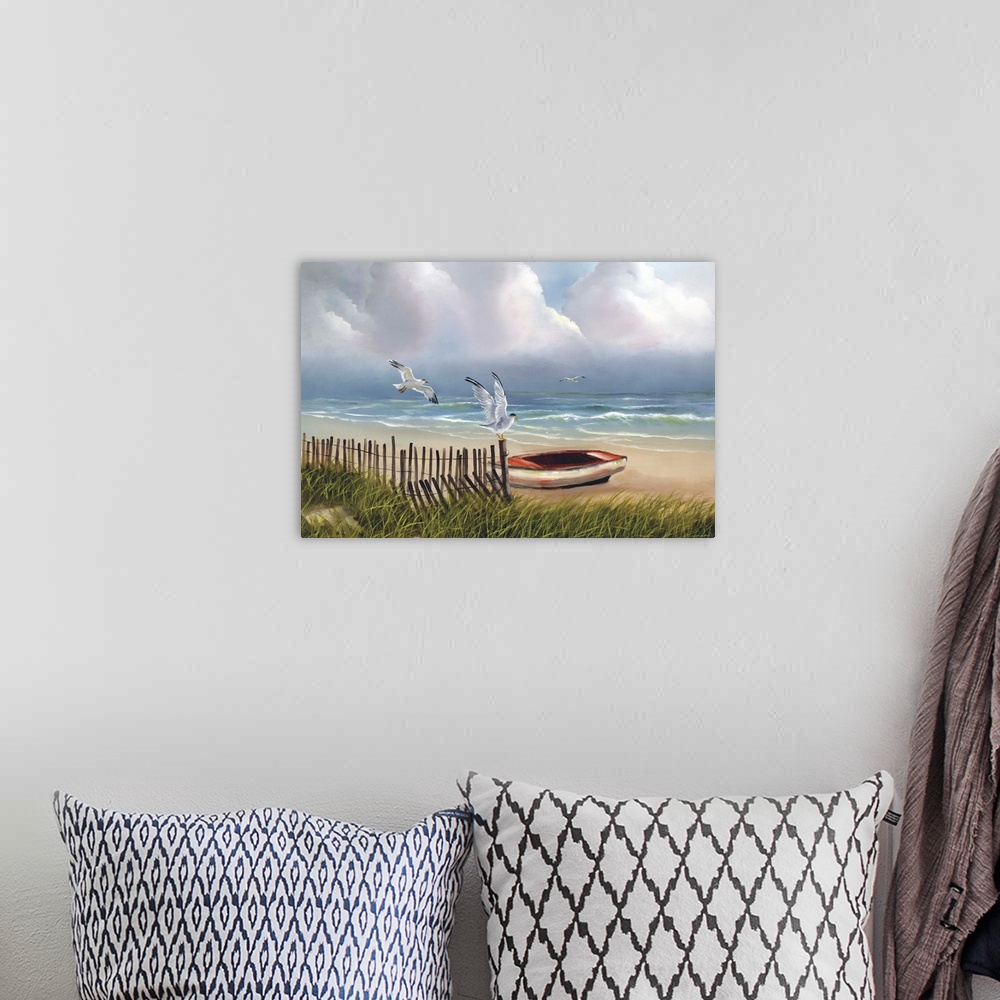 A bohemian room featuring Painting of two seagulls flying near a small boat on the shore.