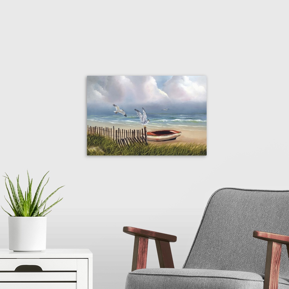 A modern room featuring Painting of two seagulls flying near a small boat on the shore.