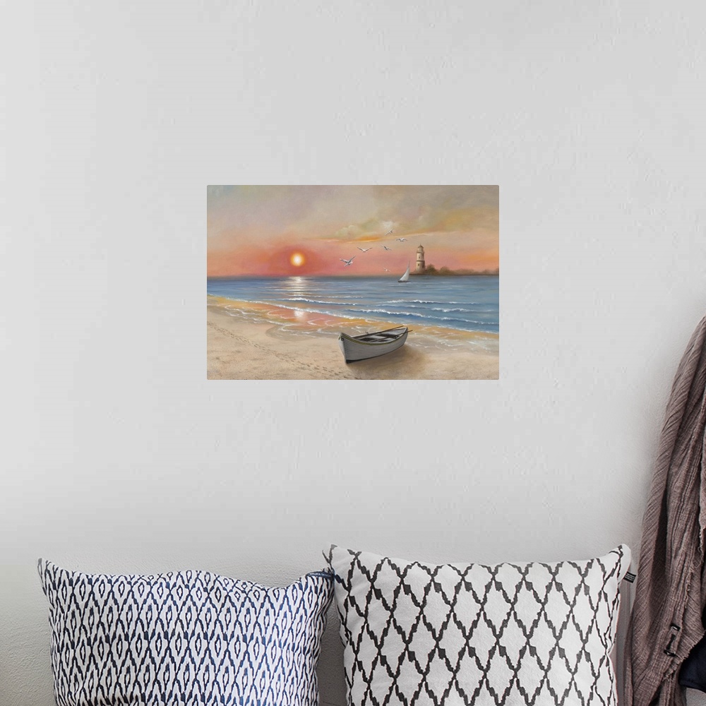 A bohemian room featuring Contemporary painting of a lone boat at the edge of the sea at sunset, with a lighthouse in the d...