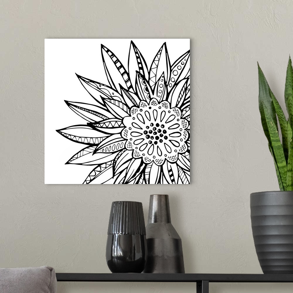 A modern room featuring Coloring book sentiment artwork of a flower.