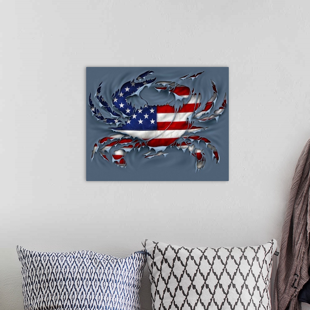 A bohemian room featuring Crab american flag grey