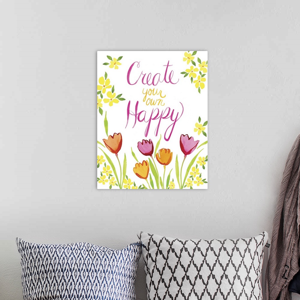 A bohemian room featuring Watercolor handlettered message decorated with brightly colored tulips.