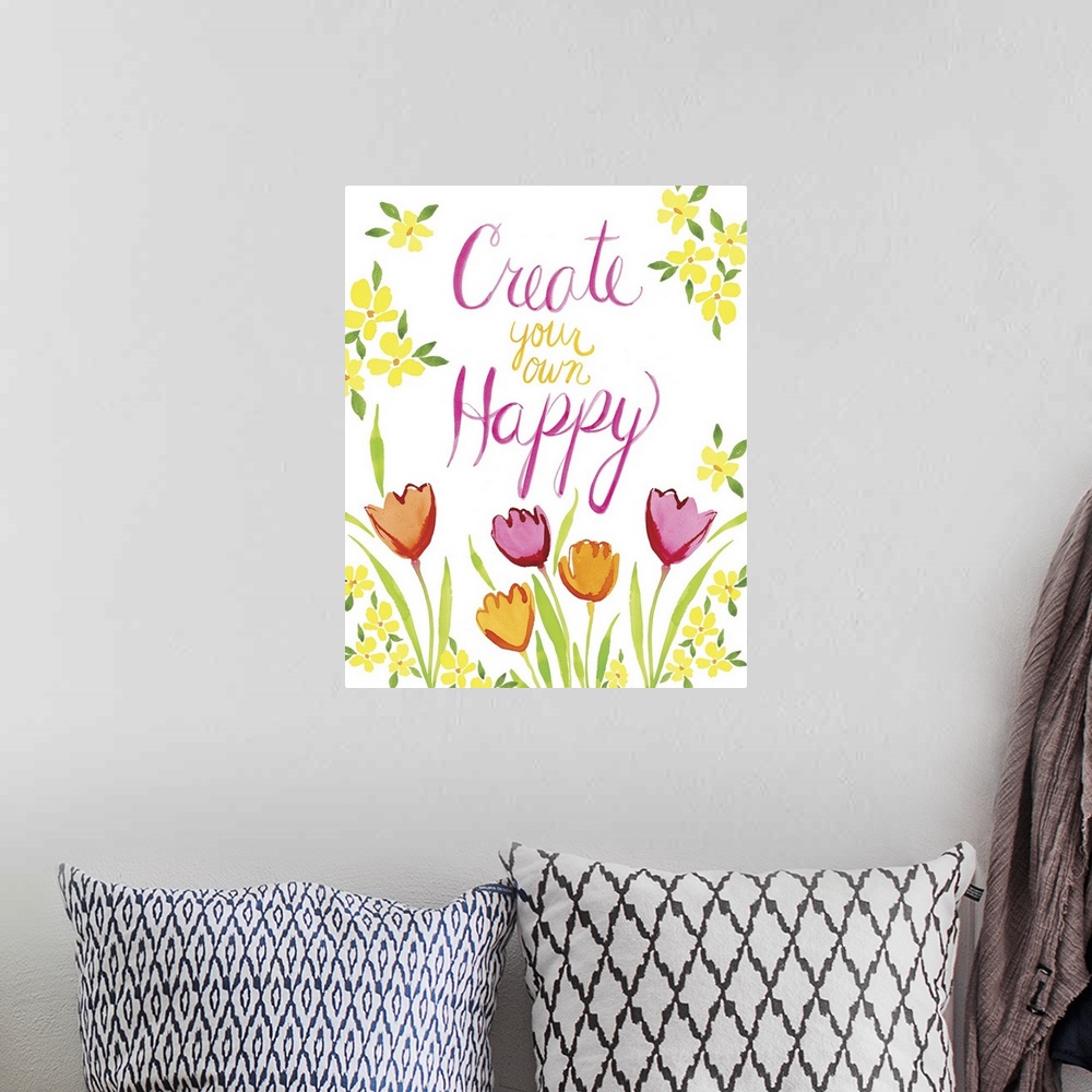 A bohemian room featuring Watercolor handlettered message decorated with brightly colored tulips.