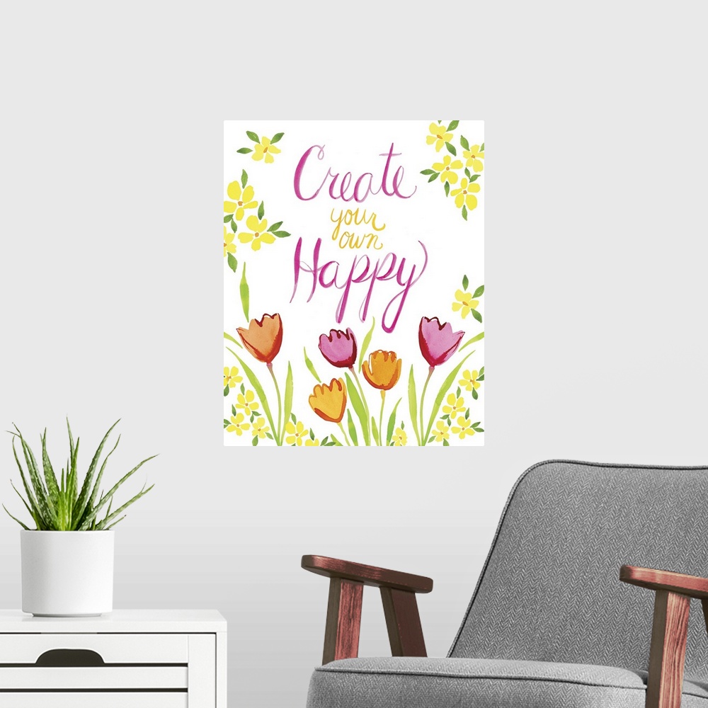 A modern room featuring Watercolor handlettered message decorated with brightly colored tulips.