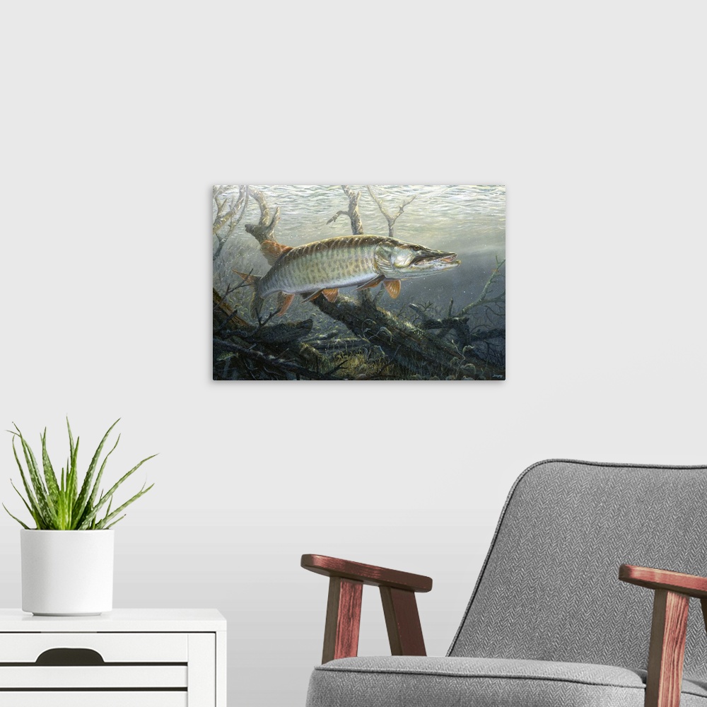 A modern room featuring Cruising the Shallows Muskie