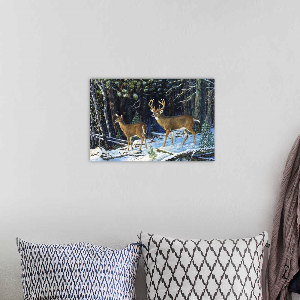 A bohemian room featuring Contemporary artwork of a pair of deer standing in the snow at the edge of a forest.