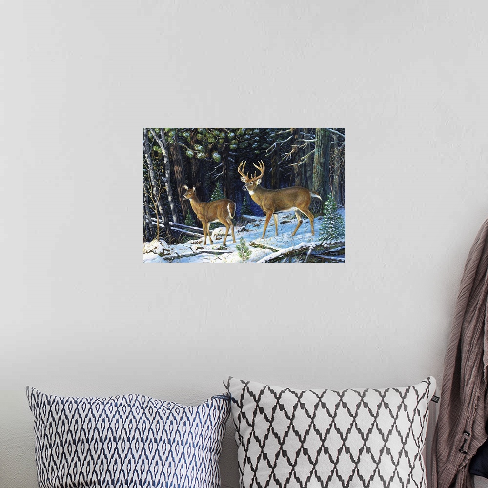 A bohemian room featuring Contemporary artwork of a pair of deer standing in the snow at the edge of a forest.