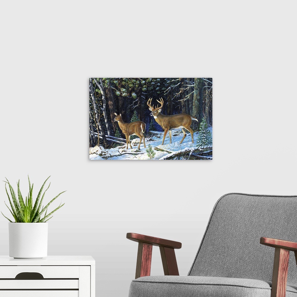 A modern room featuring Contemporary artwork of a pair of deer standing in the snow at the edge of a forest.